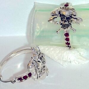 Skull Silvertone Hoop Pierced Earrings w/Red Rhinestones on the Hoop